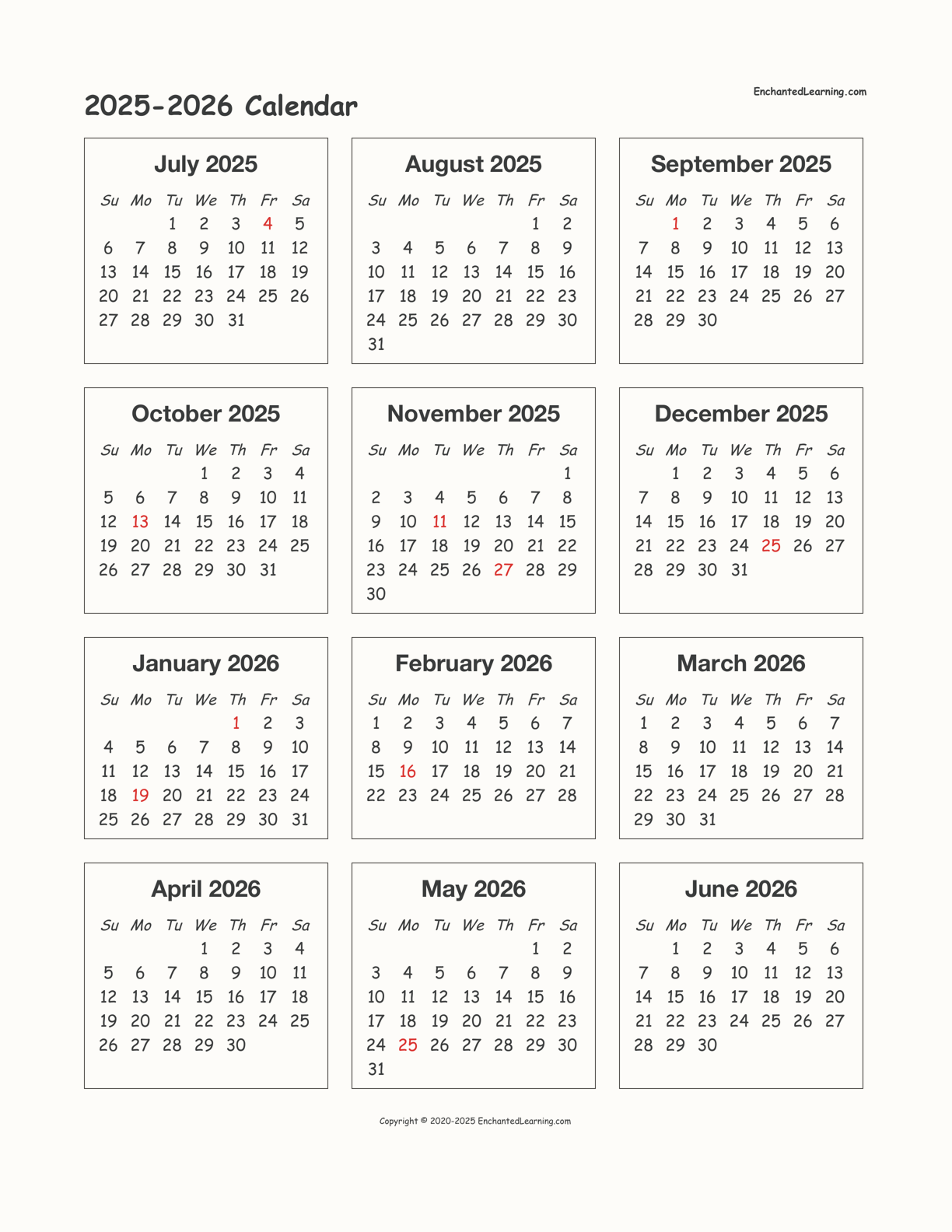 2025 2026 School Year One Page Calendar Enchanted Learning 2025 2026 School Year One Page Calendar Enchanted Learning