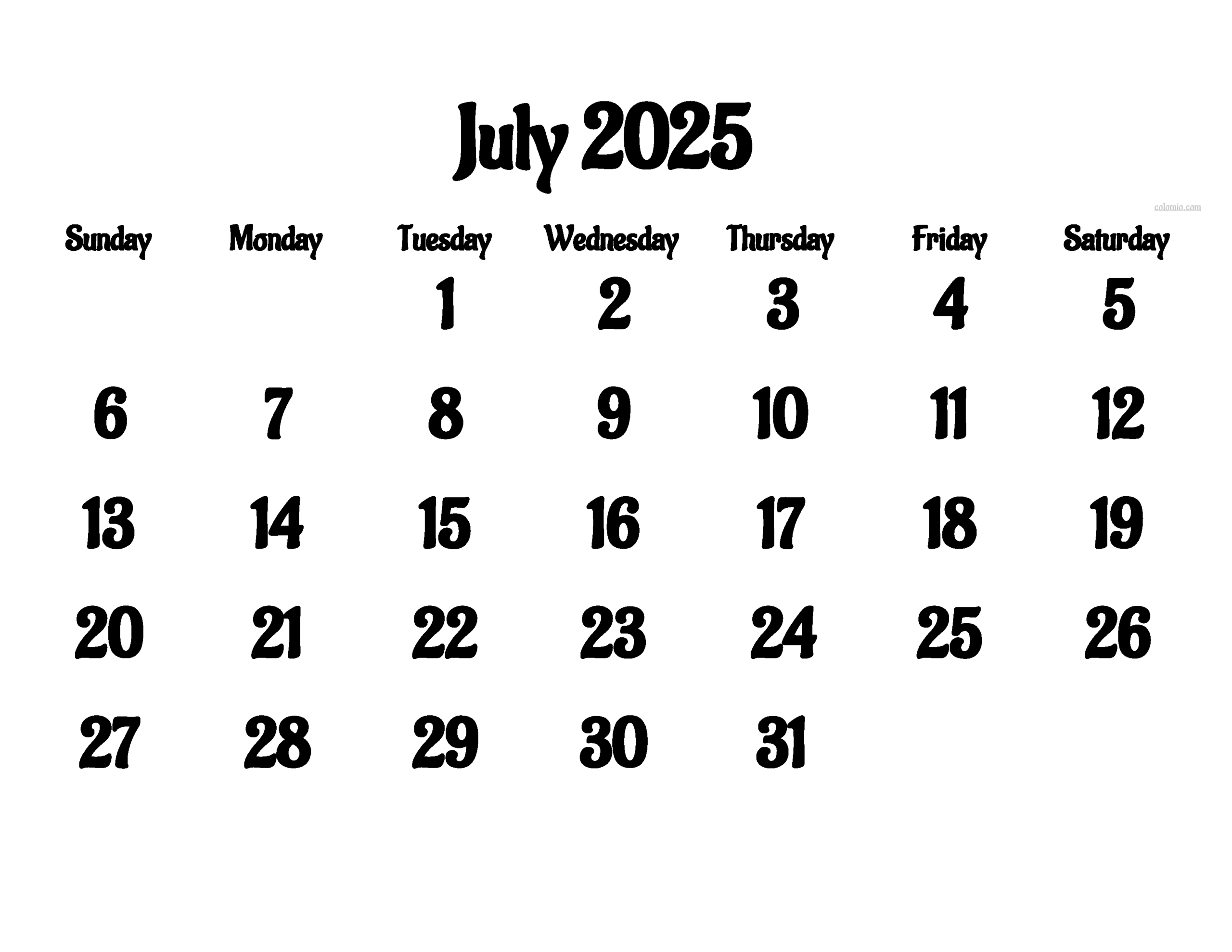 Calendar For July Of 2025