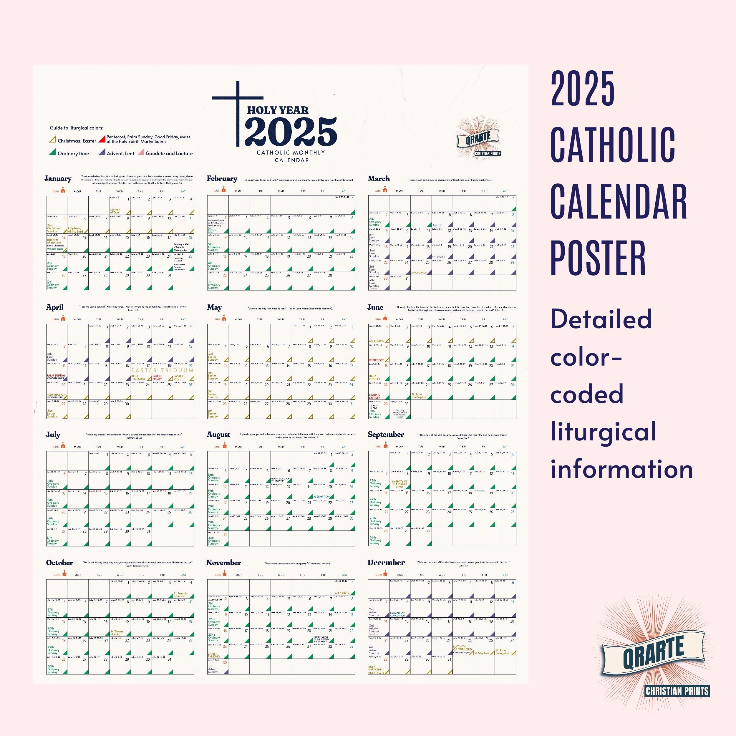 2025 Catholic Wall Calendar Poster Liturgical Color Code Yearly 
