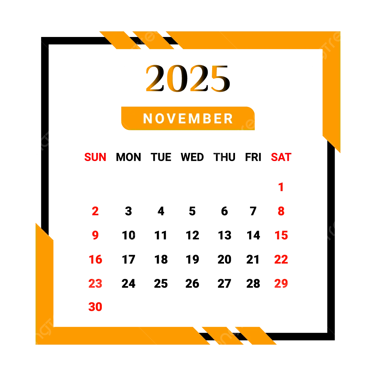 2025 November Month Calendar With Yellow And Black Unique Style 