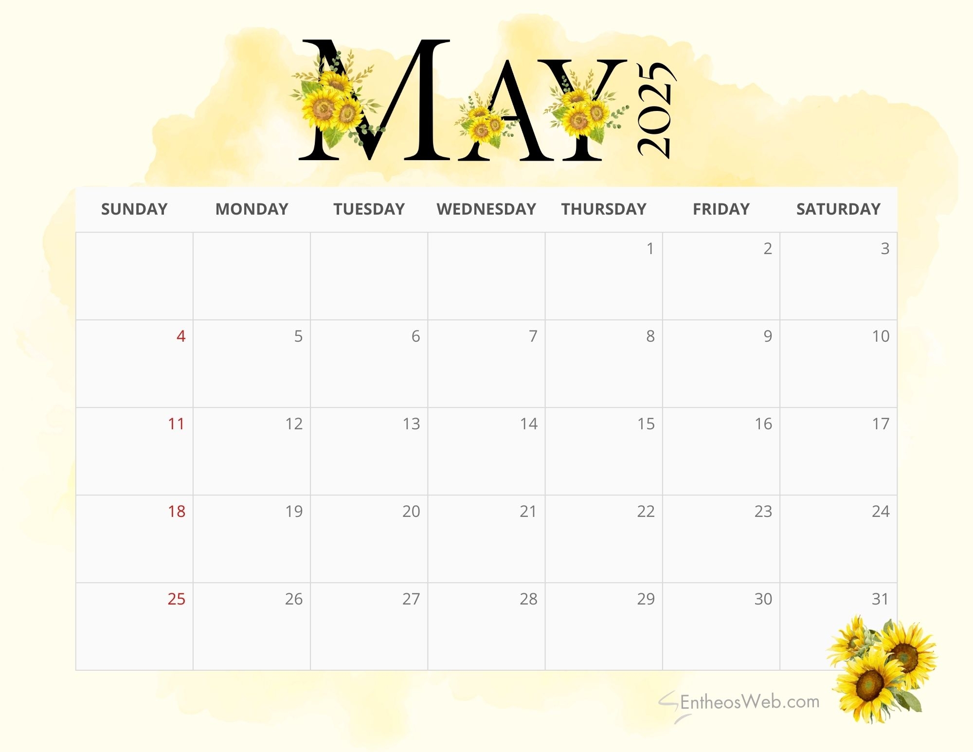 2025 Sunflowers Calendar PDF Printable EntheosWeb