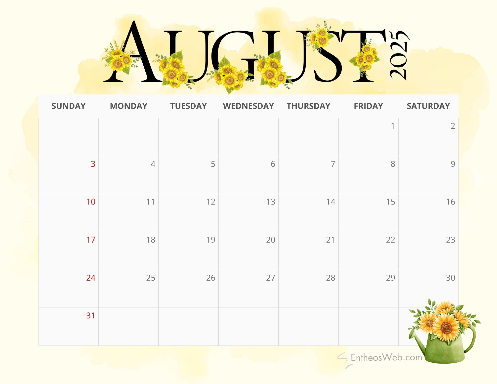 August Calendar 2025 Printable