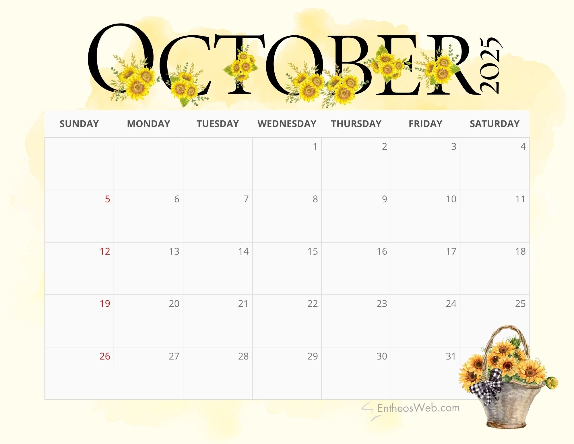 October 2025 Monthly Calendar Printable