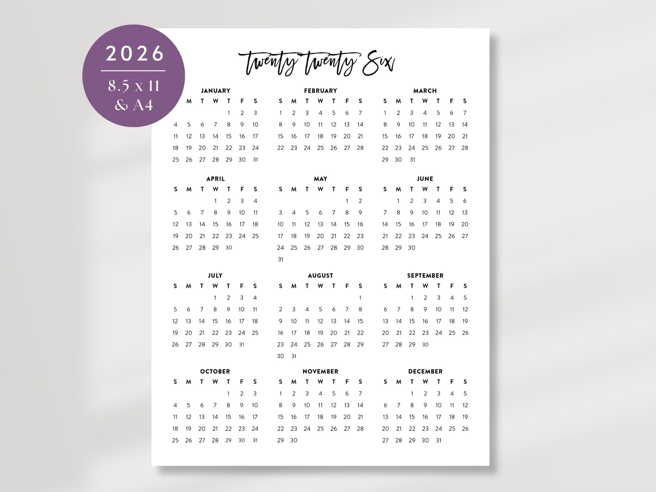 2026 Simple Desk Calendar Printable 2026 Office Calendar 2026 