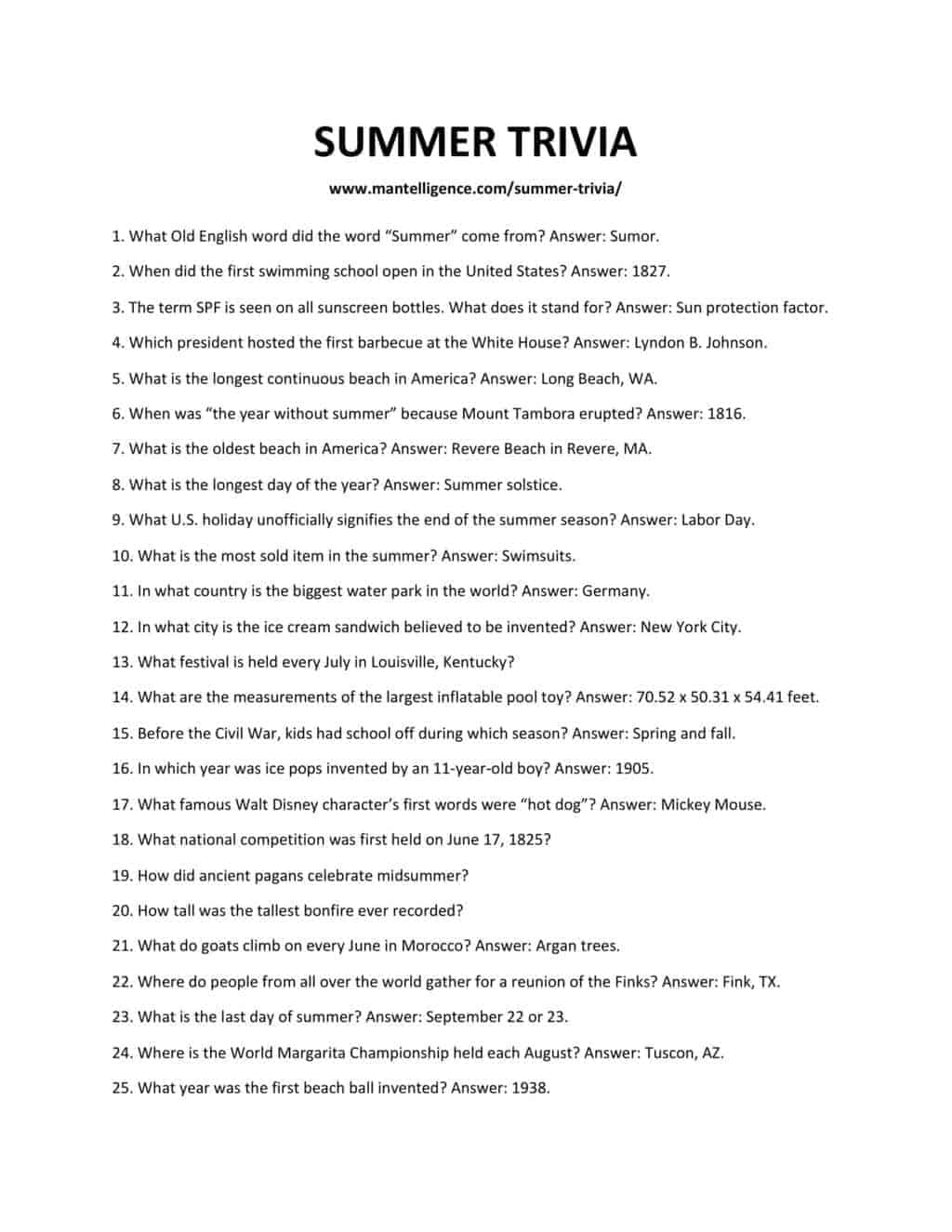 73 Summer Trivia Questions Answers Fun Quiz 