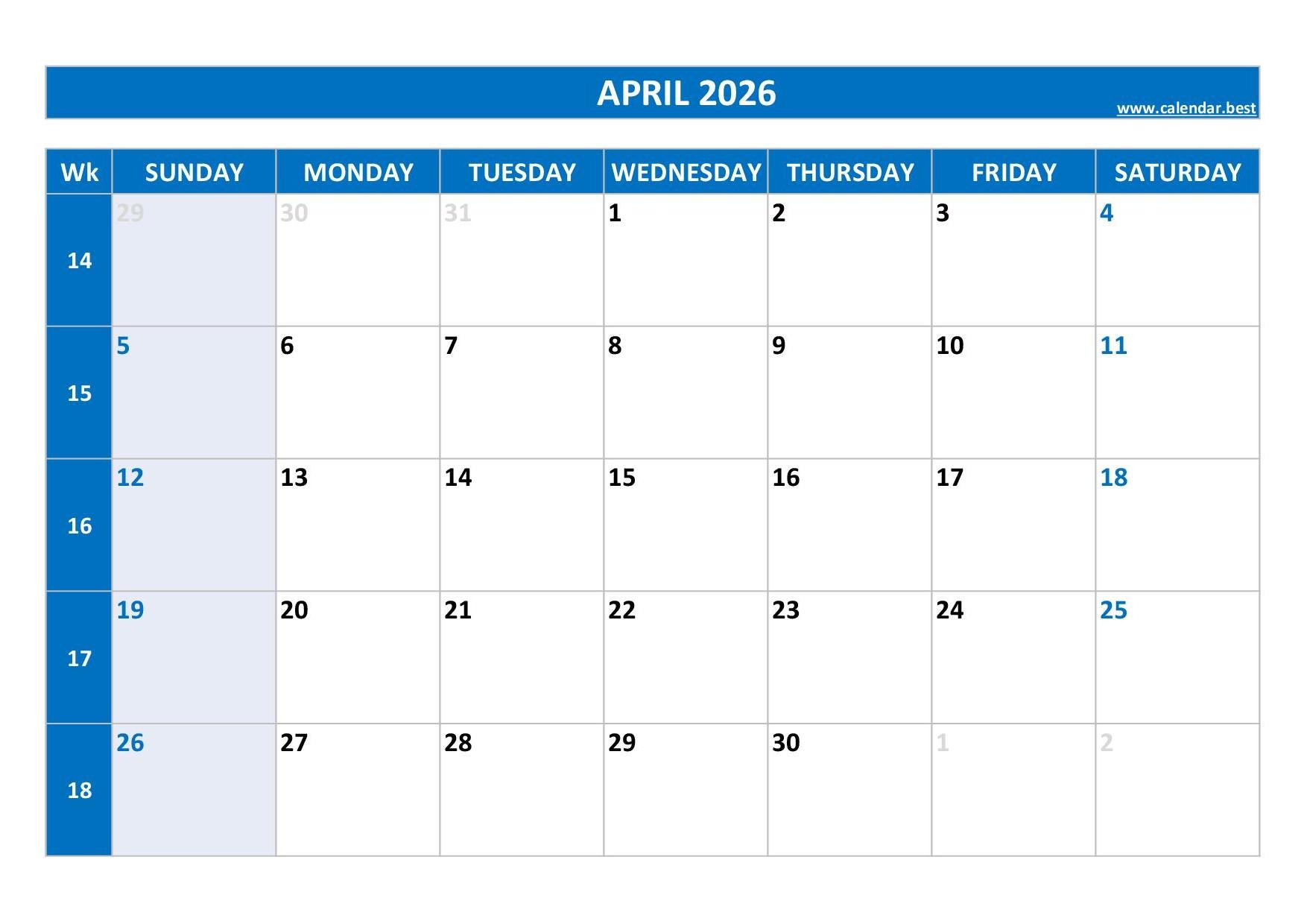 April 2026 Monthly Calendar