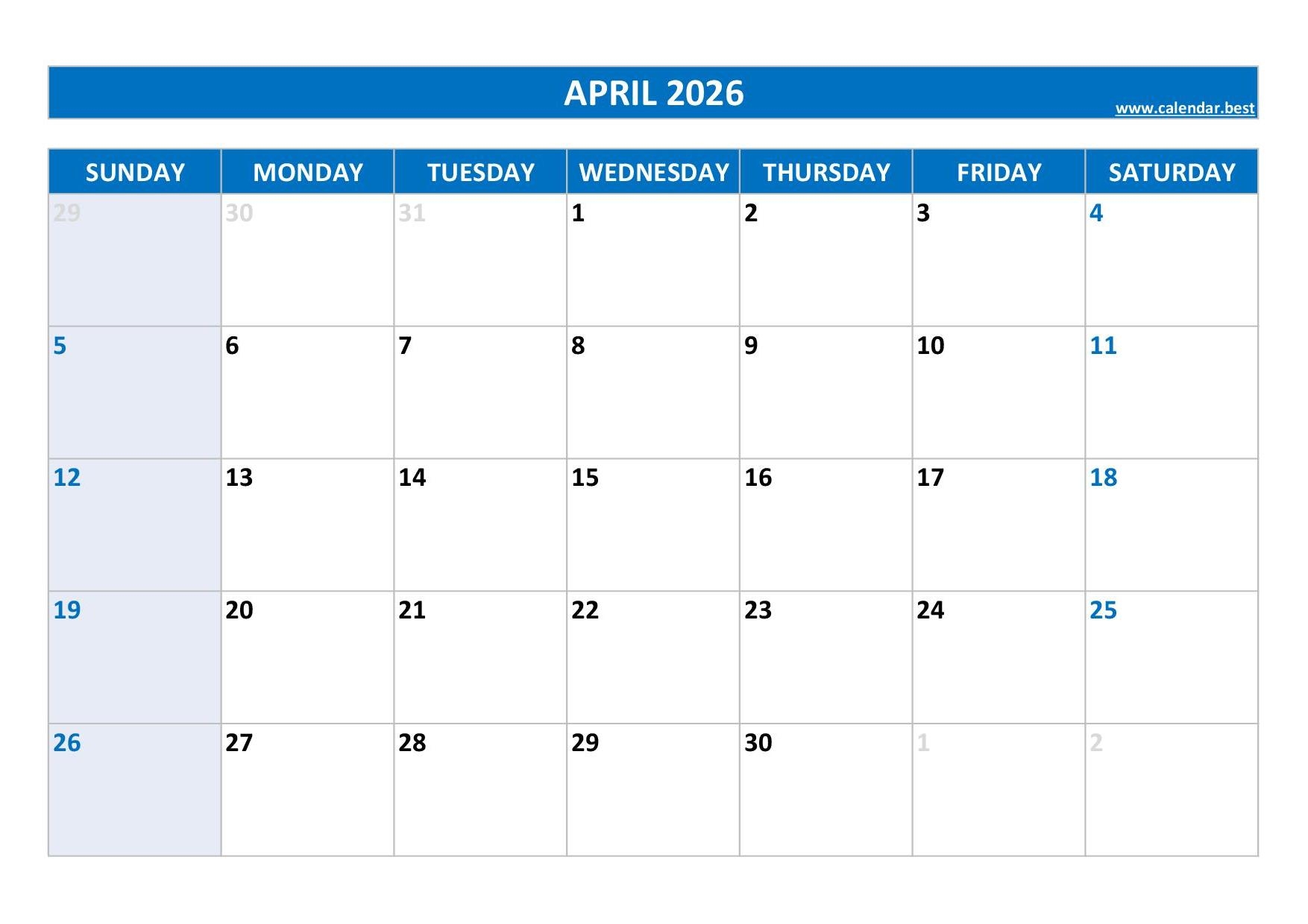 April 2026 Calendar With Holidays Printable Free