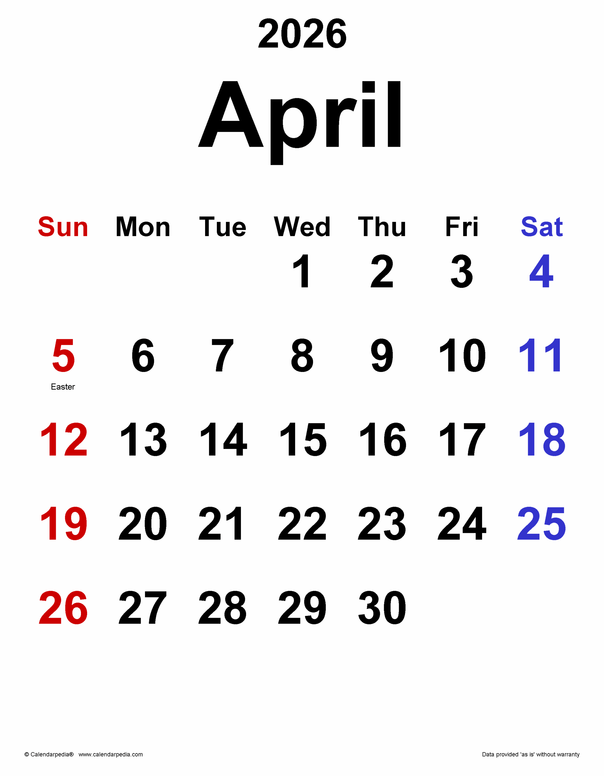 April 2026 Calendar Portrait