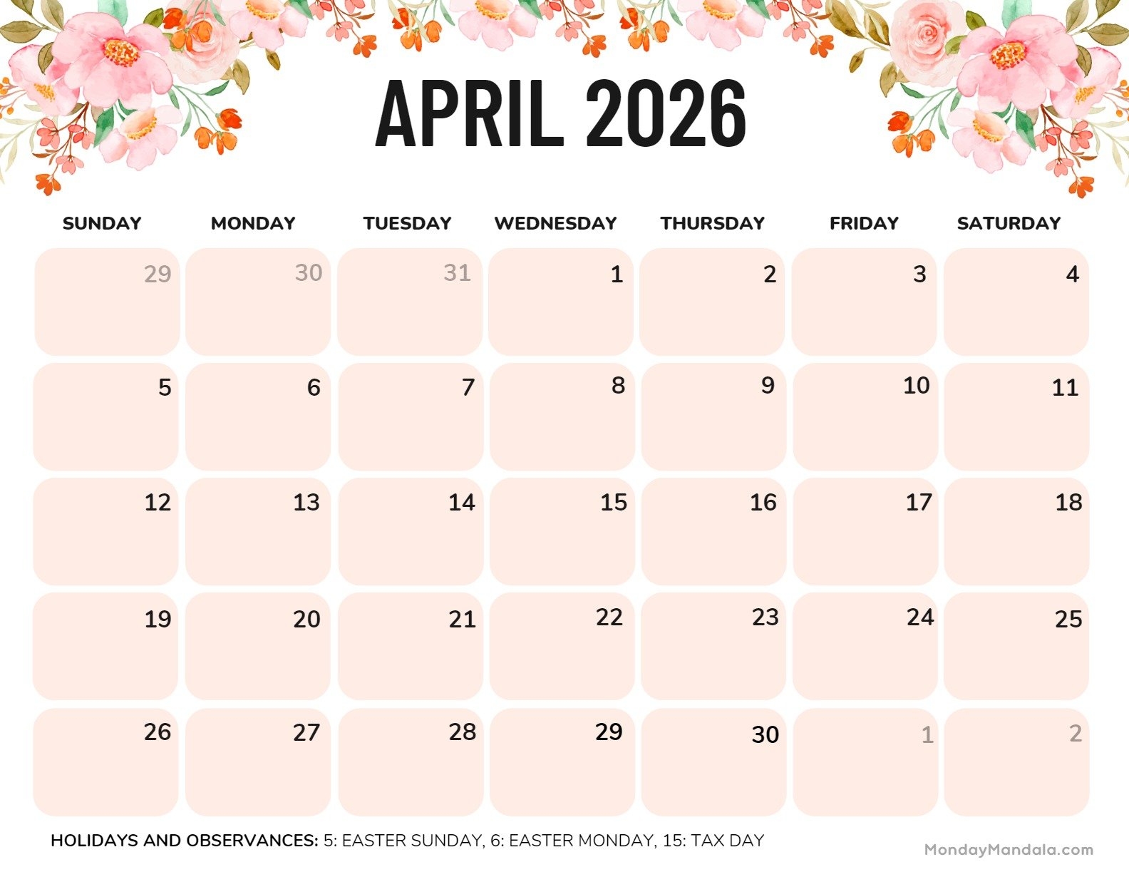 Printable April Calendar 2026