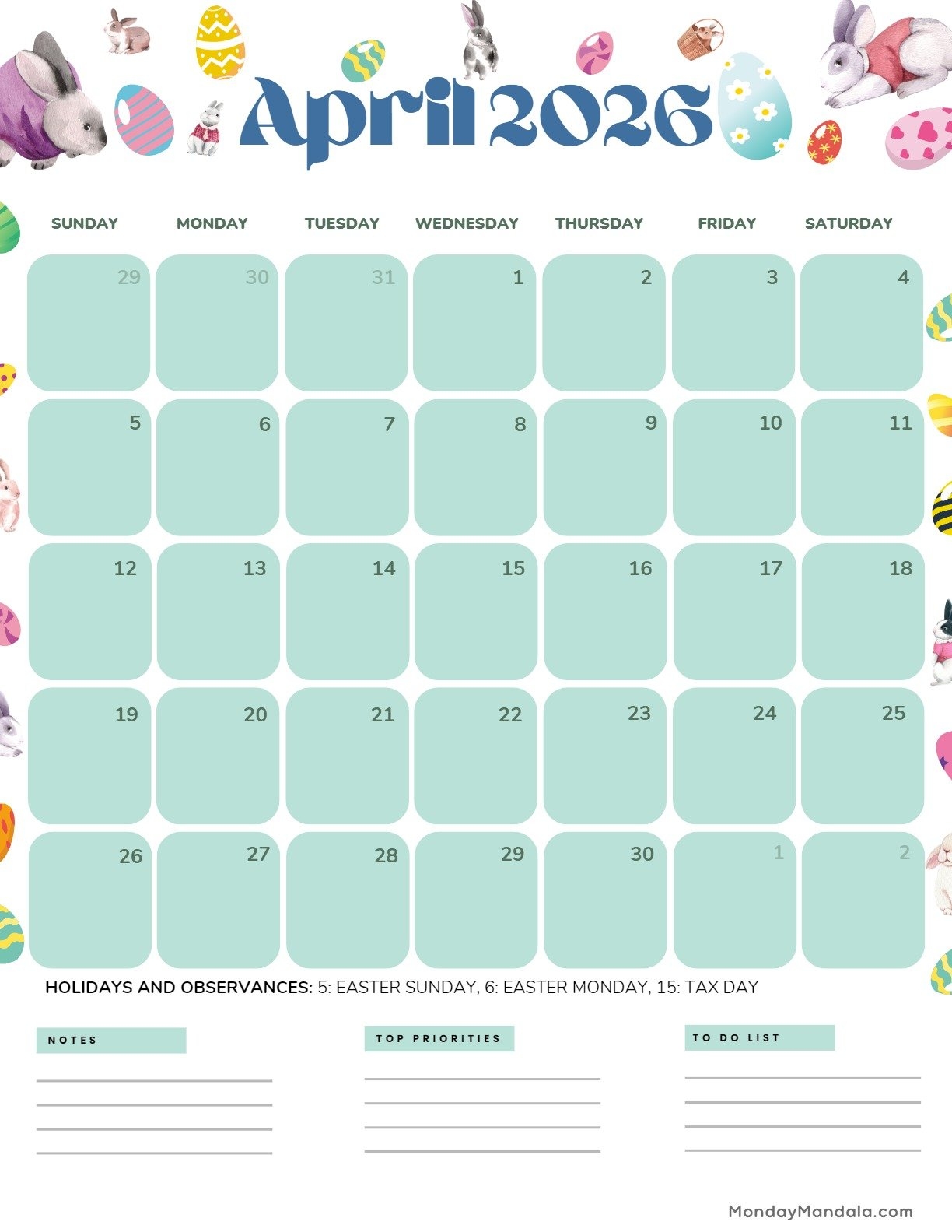 Free Printable April 2026 Calendar With Holidays