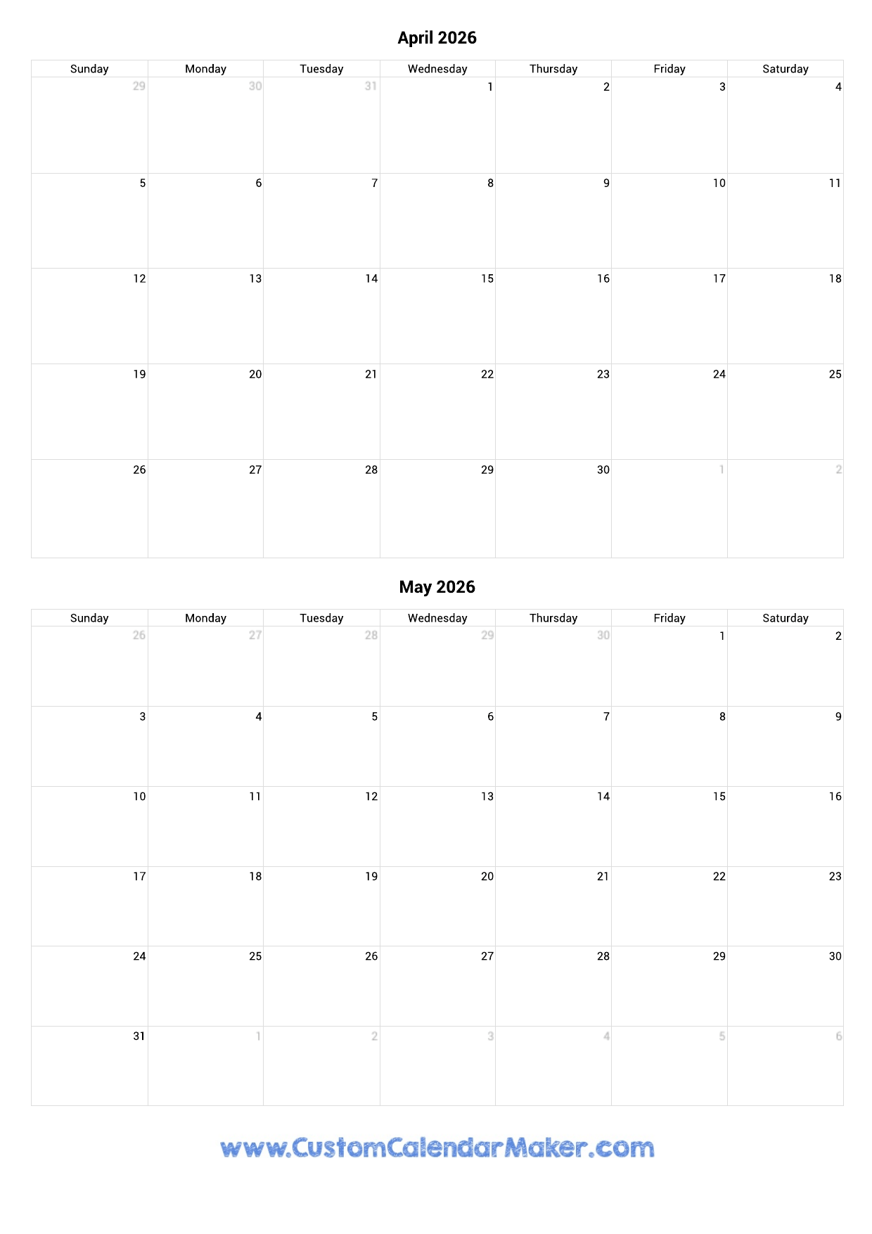 Calendar Of April And May 2026
