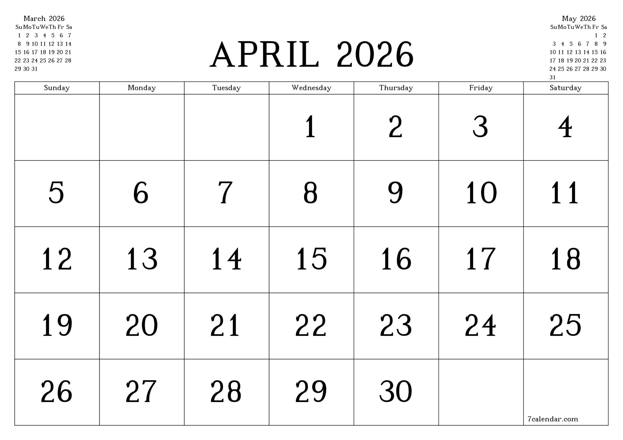 April Blank Calendar 2026