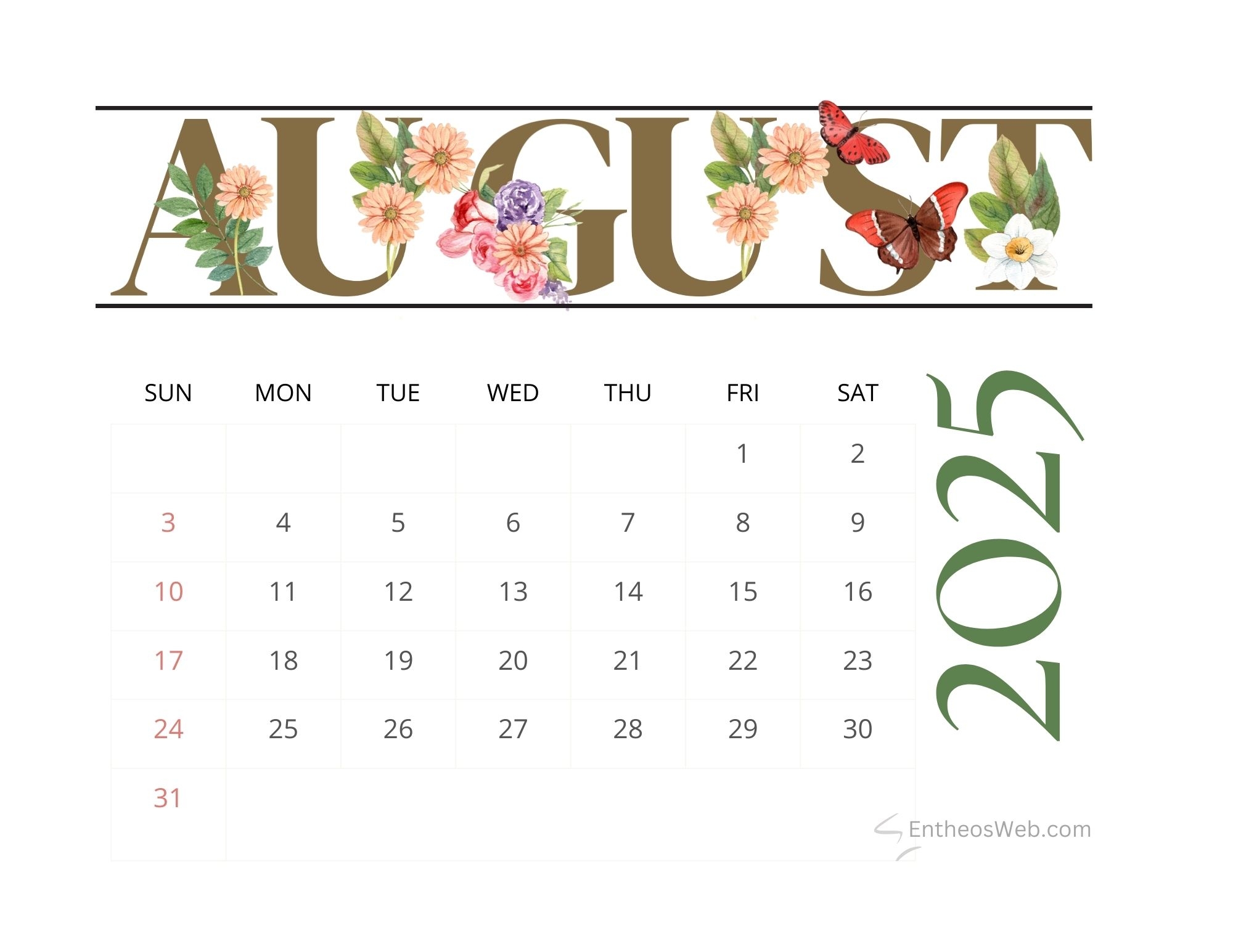 Free Editable August 2025 Calendar