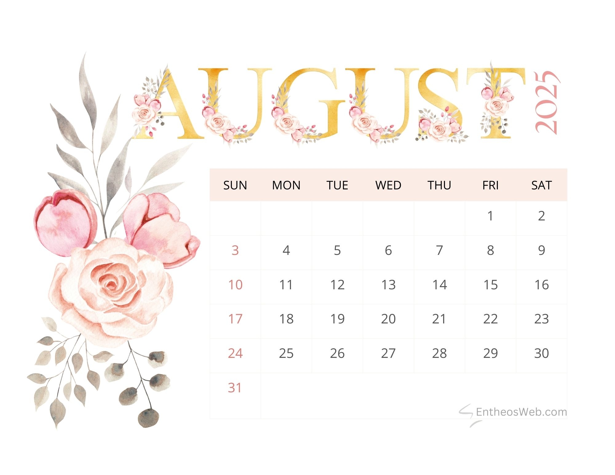 Free August Calendar 2025