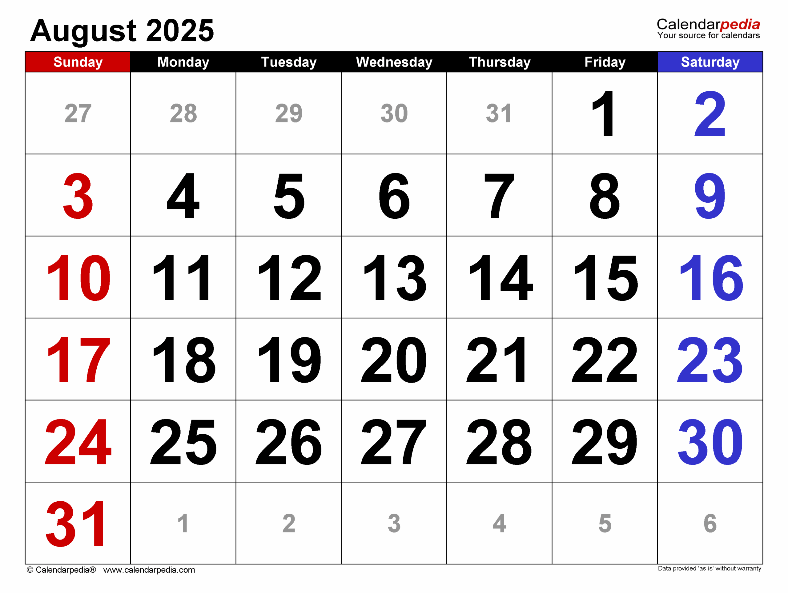 Calender 2025 August
