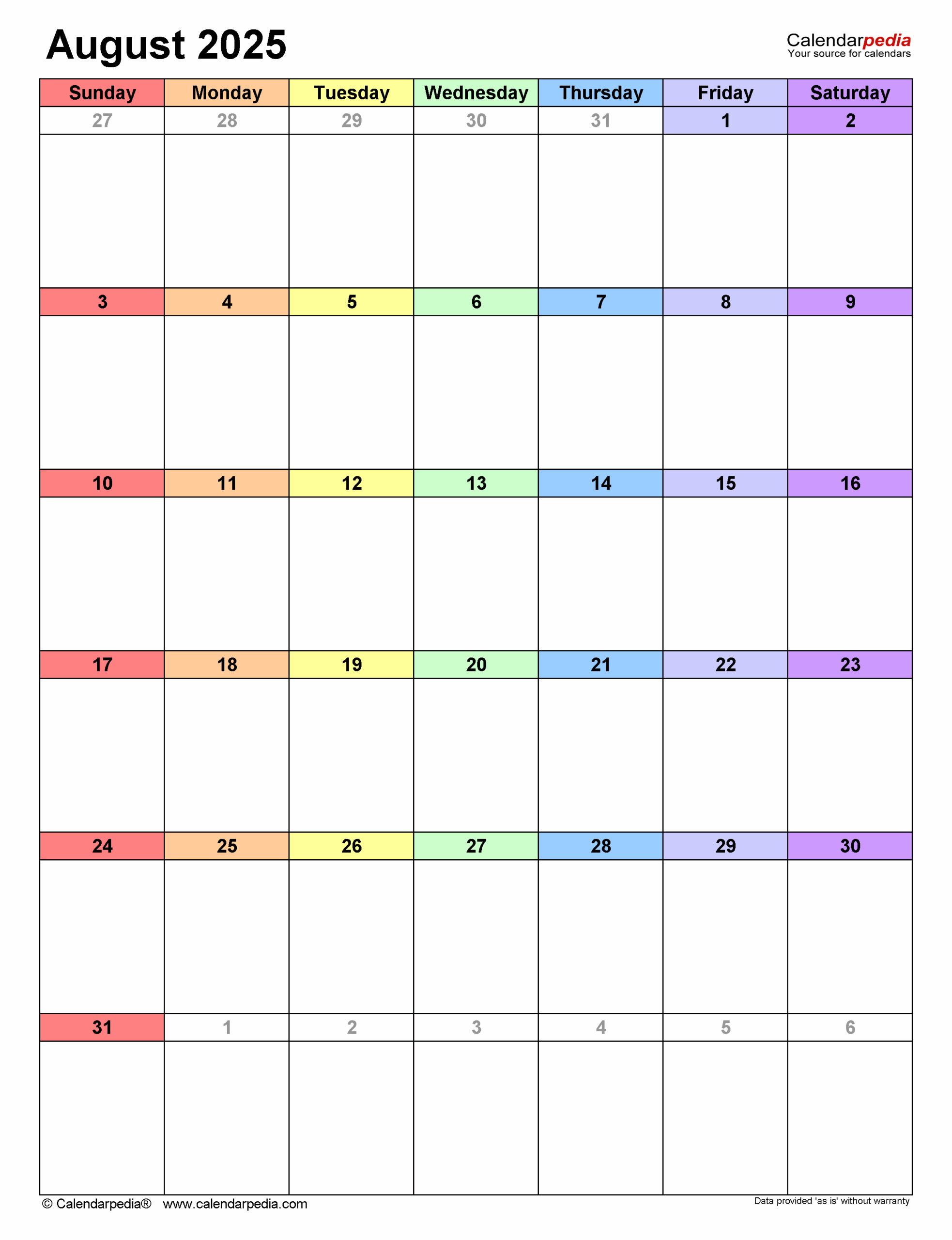 Editable August Calendar 2025
