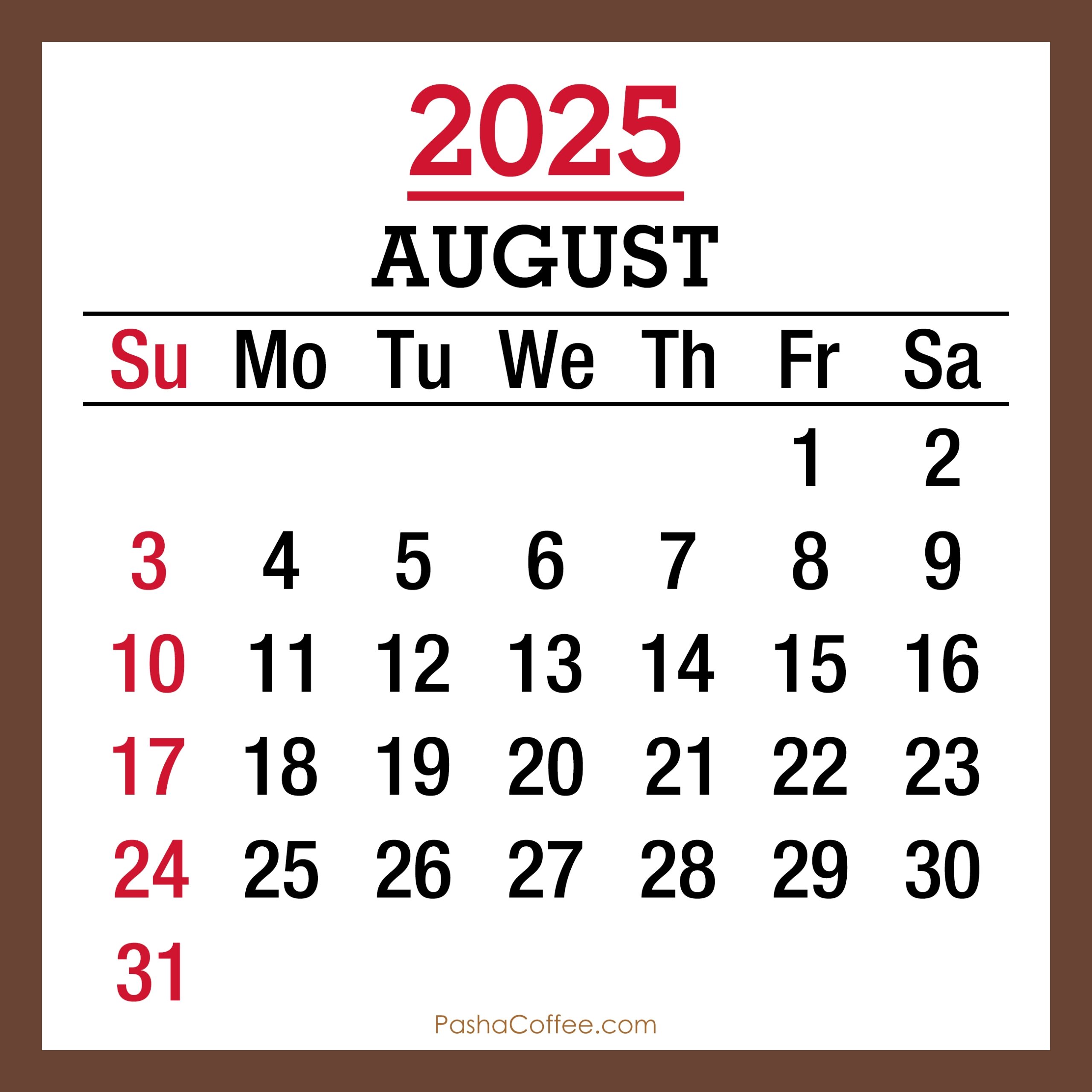 Calendar For Month Of August 2025