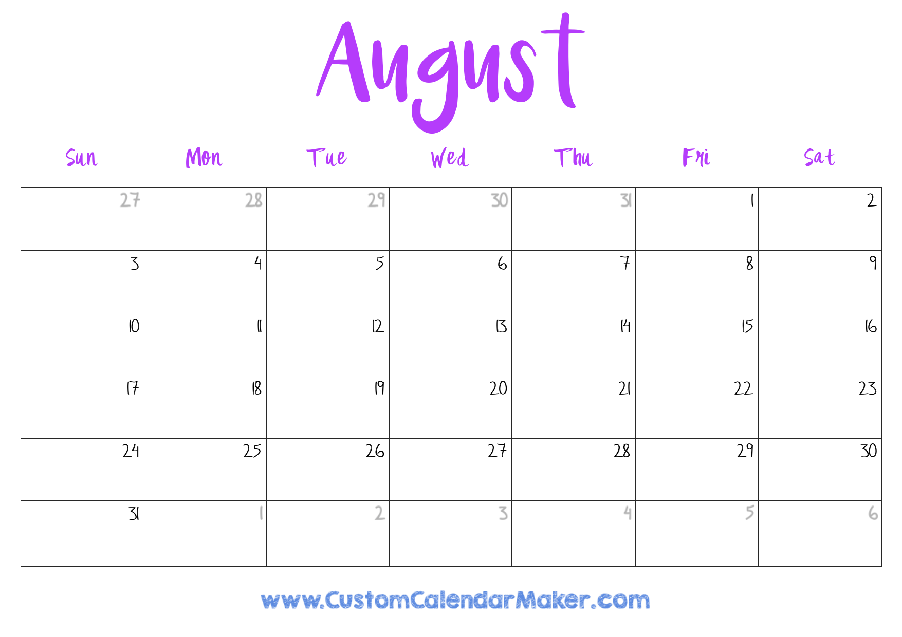 Blank August Calendar 2025 Printable