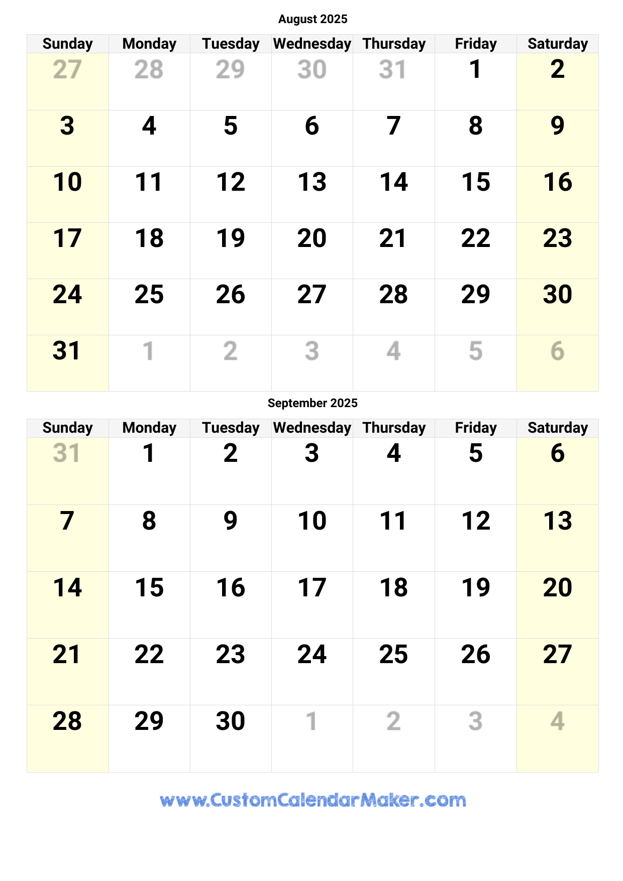 August Through October 2025 Calendar