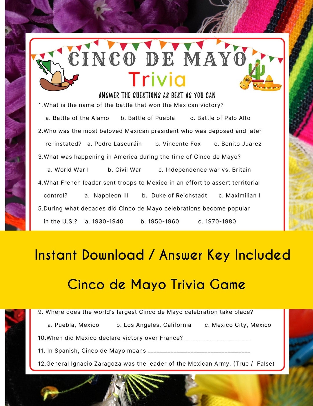 Cinco De Mayo Trivia Game L Printable Game Mexican Fiesta Game Fun Fiesta Activity Fun Game For Kid Adult Classroom Office Game Etsy