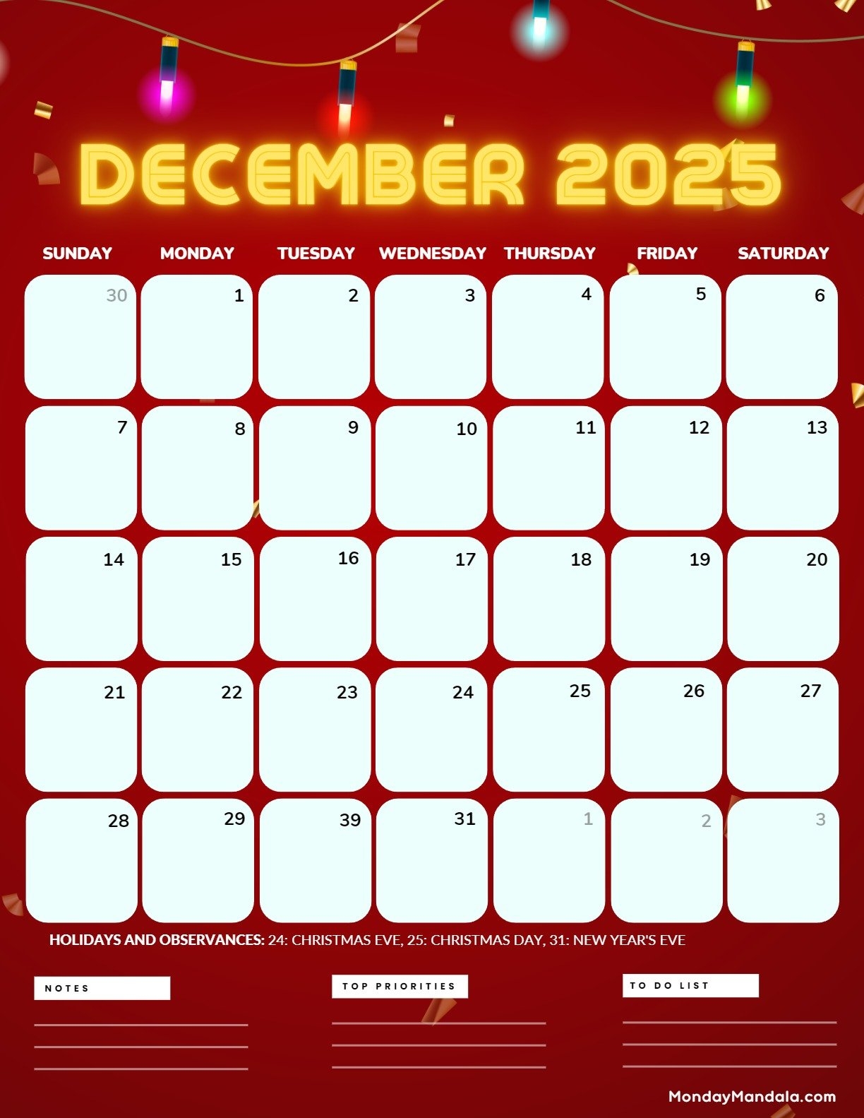 Printable Monthly Calendar December 2025