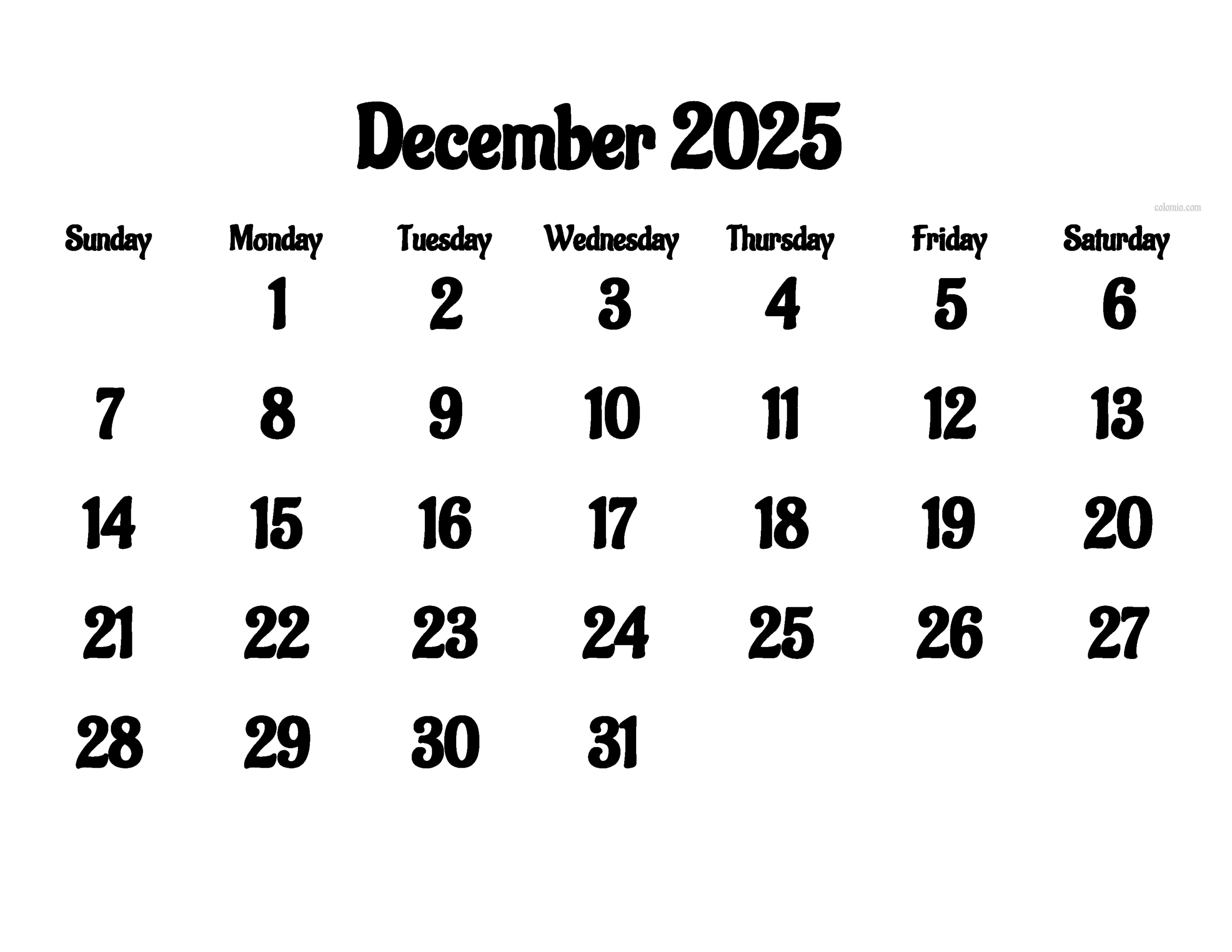 Calendar For December Of 2025