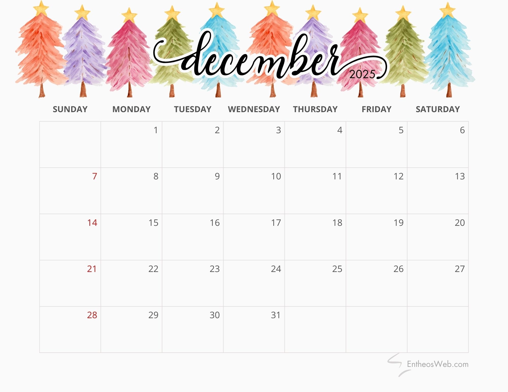 Free Printable December 2025 Calendar
