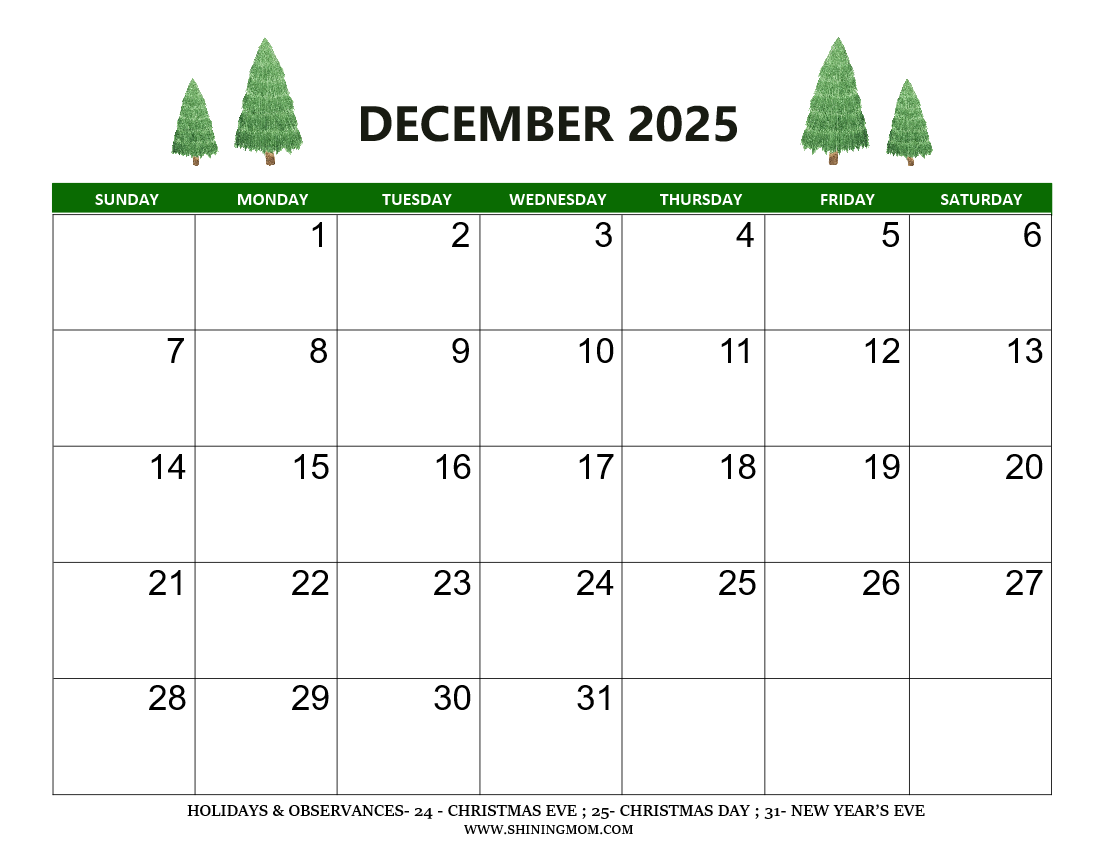 Blank Calendar December 2025 Free Printable
