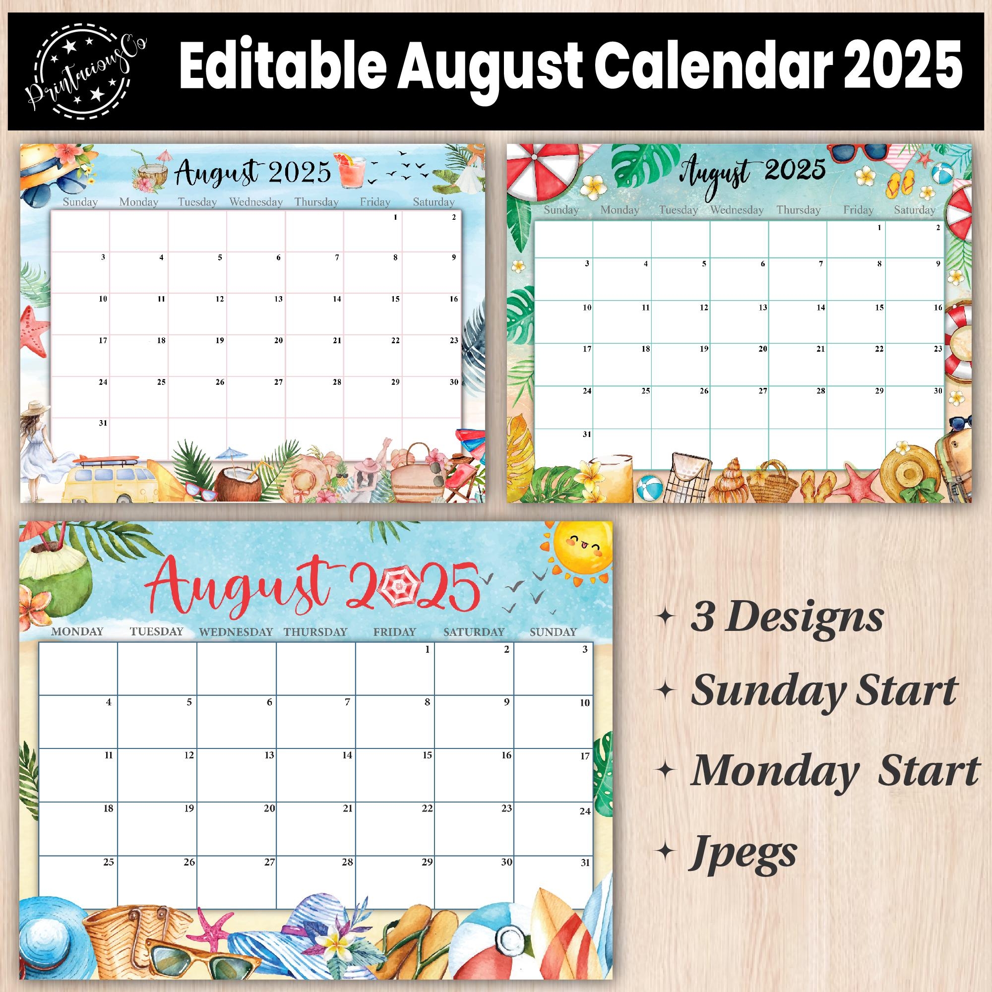 Editable August 2025 Calendar Printable Wall Calendar 2025 