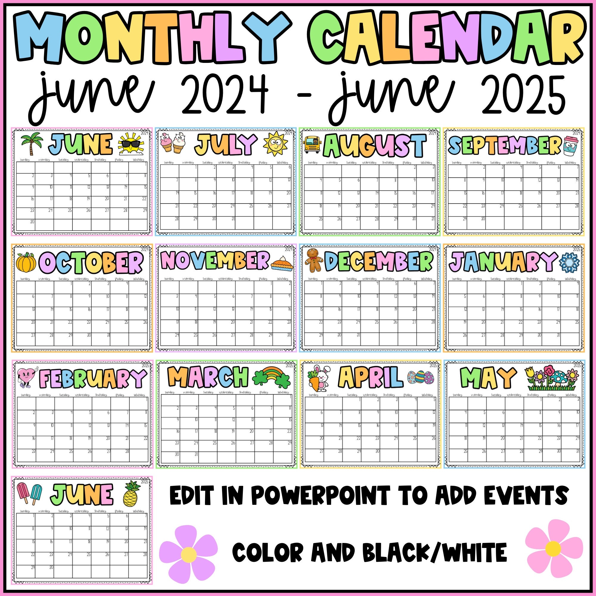 Editable Calendar June 2024 june 2025 Rainbow Themed Monthly 