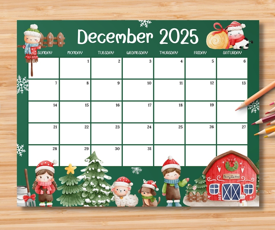 EDITABLE December 2025 Calendar Beautiful Christmas On A Farm Printable Christmas Planner Kid School Home Work Schedule Instant Download Etsy