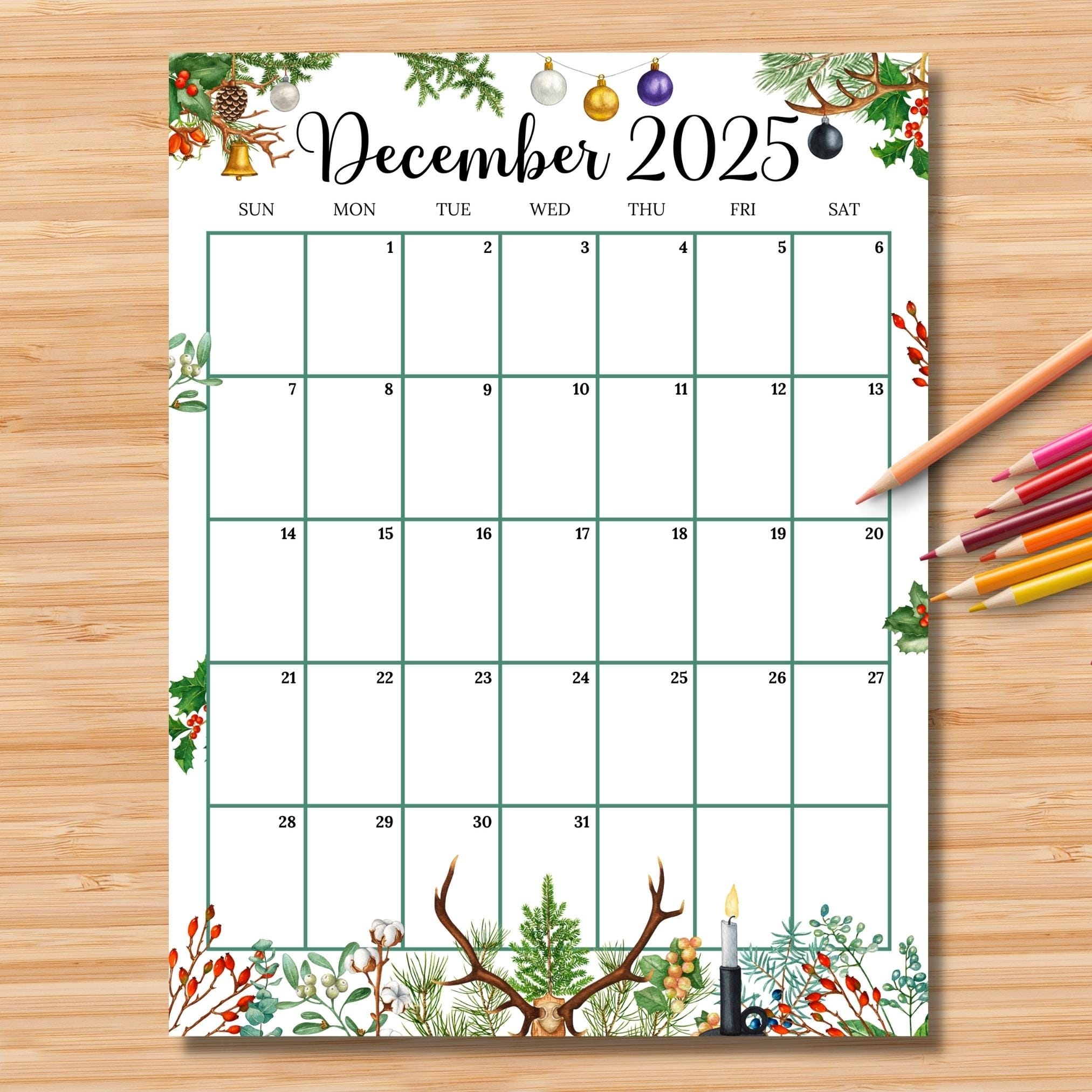 EDITABLE December 2025 Calendar vertical portrait Colorful Christmas Planner Monthly Schedule For Kids School Home Work U0026 Office Etsy