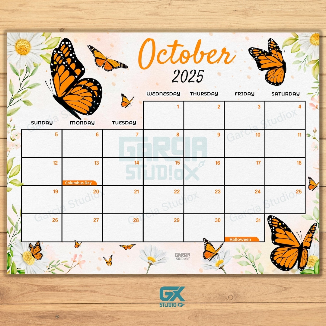 Editable October 2025 Calendar Orange Butterfly U0026 Floral Design 