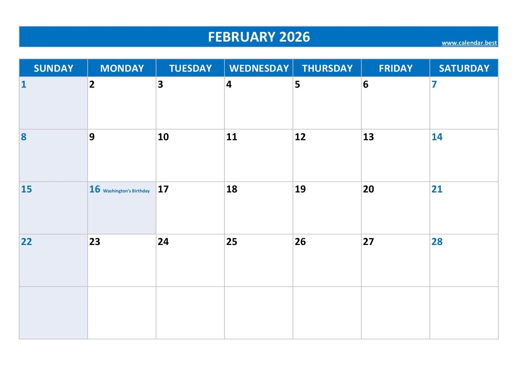 February Calendar 2026 With Holidays