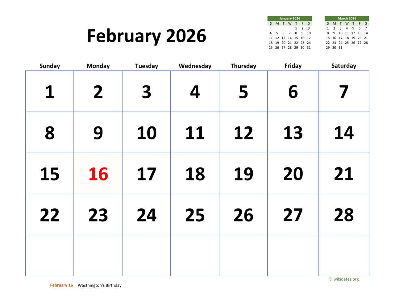 Feb 2026 Calendar With Holidays Printable