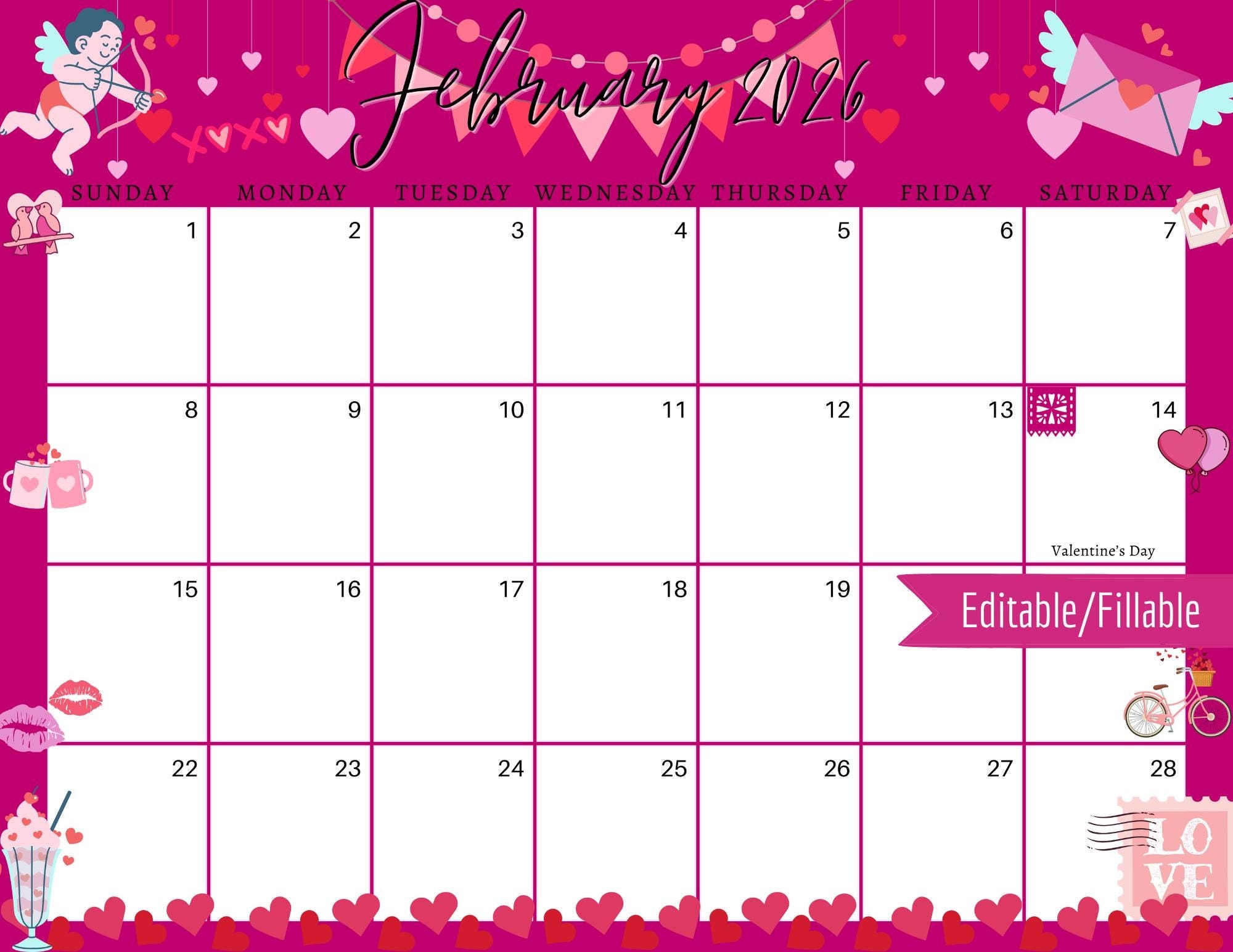February 2026 Digital Calendar Fushia Valentine s Day Planner Editable Fillable Printable Calendar For Planning PDF PNG And JPG Download Etsy