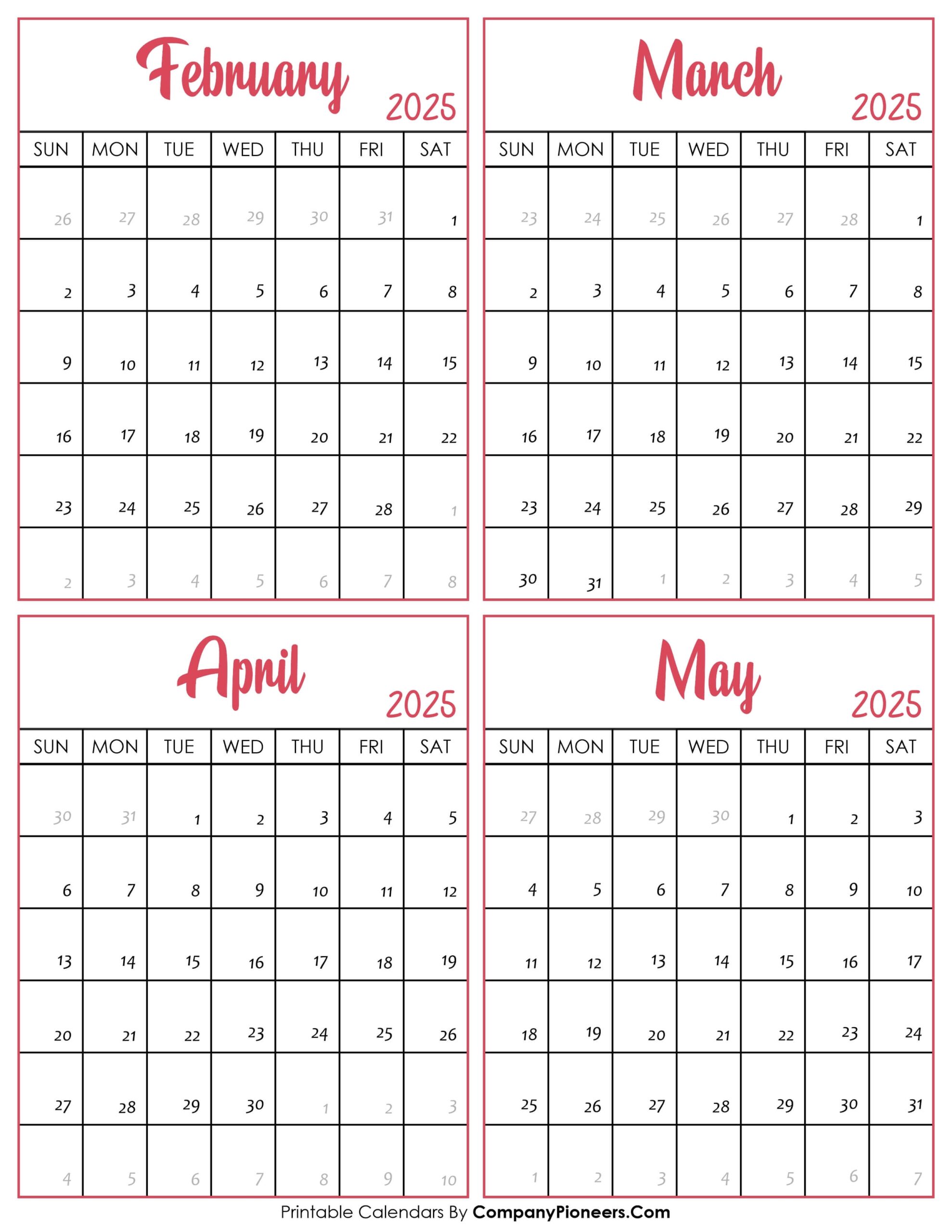 February To May 2025 Calendar Printable Template