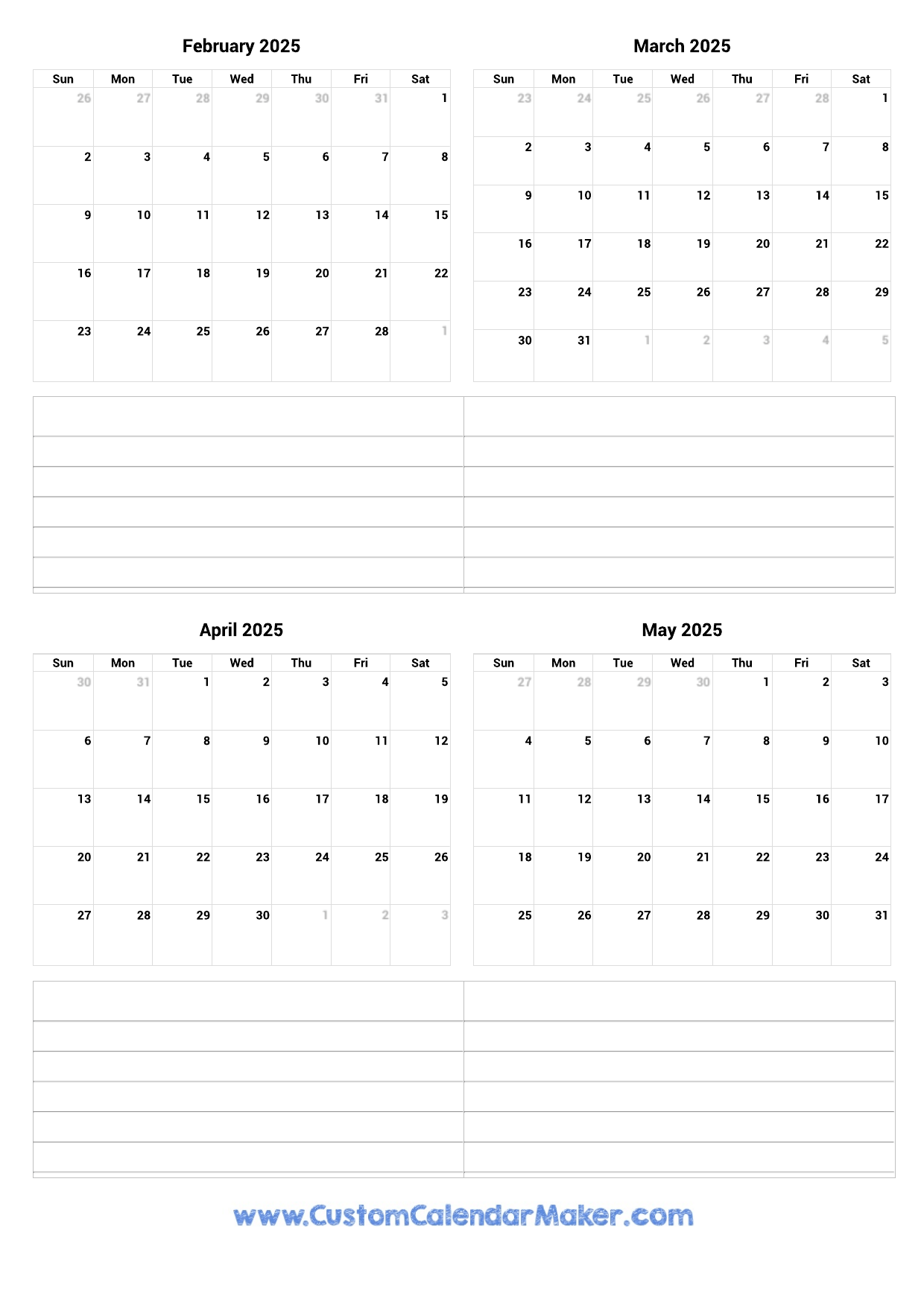 February To May 2025 Printable Calendar Custom Calendar Maker