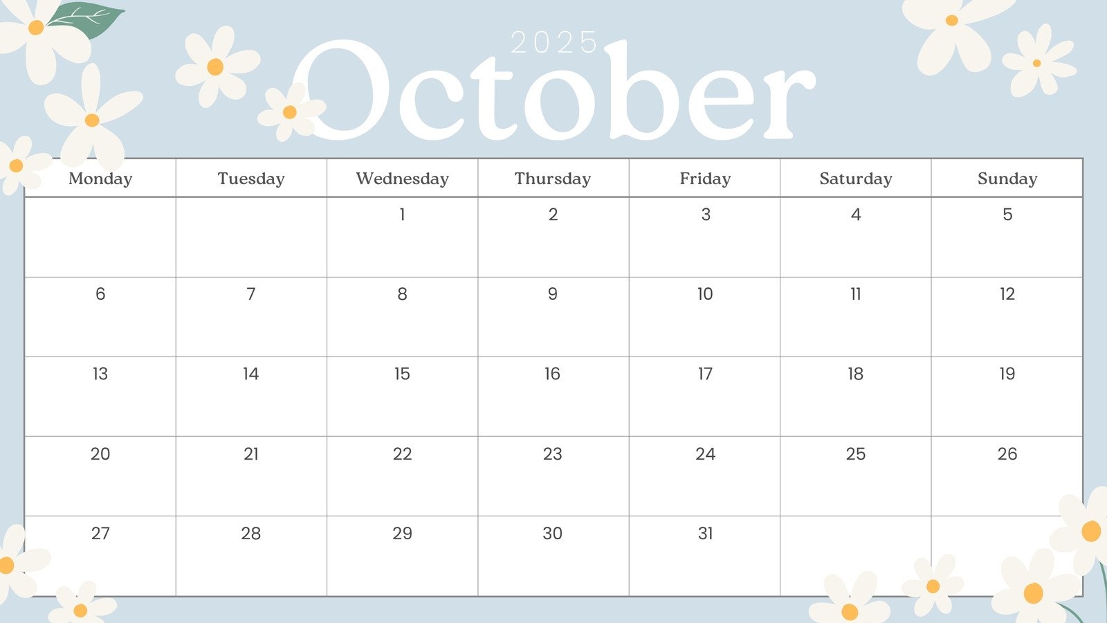 Blank October Calendar 2025 Printable Free