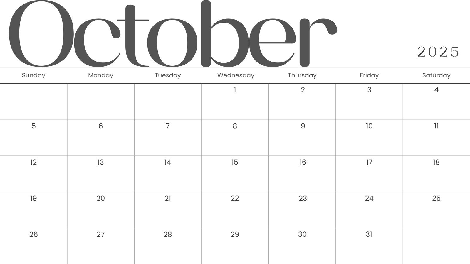 2025 October Calendar Printable