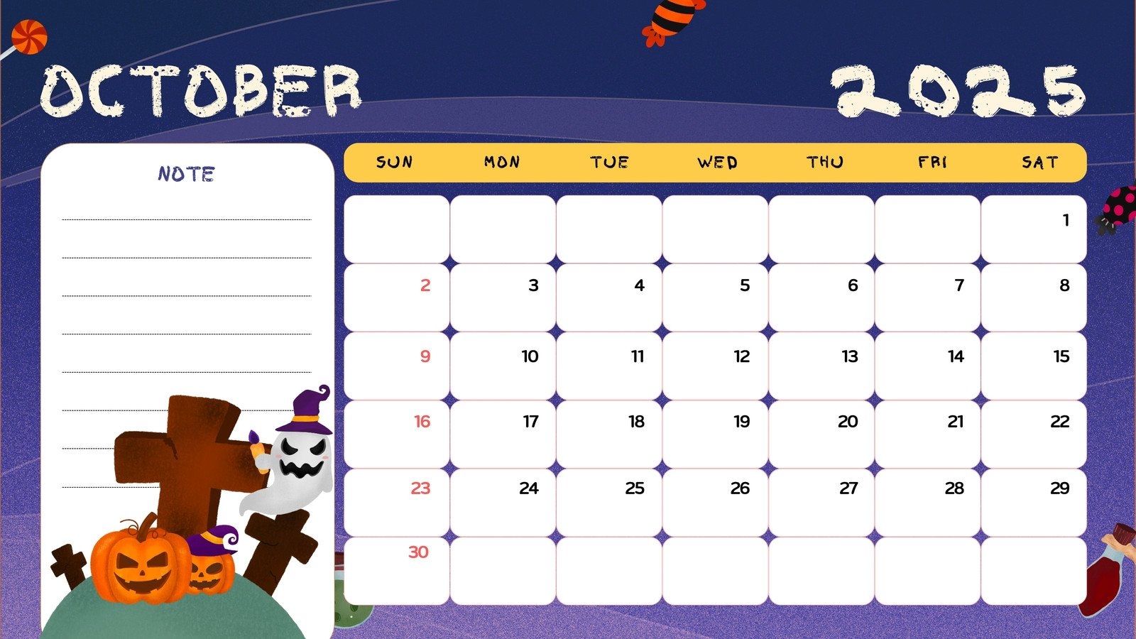 Cute October 2025 Calendar Printable