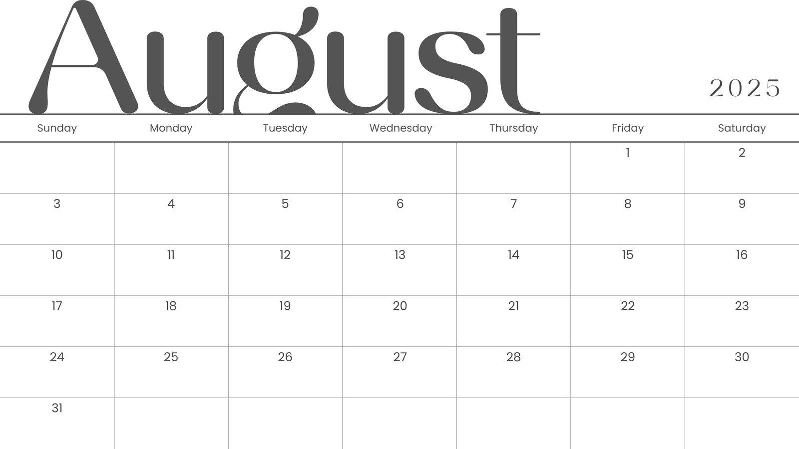 Aug 2025 Calender