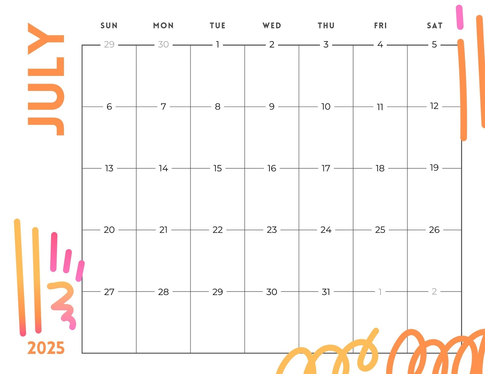 July Calendar 2025 Word