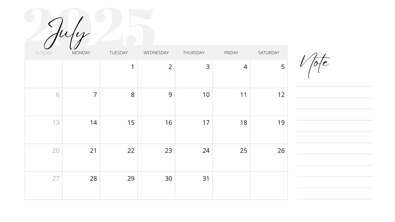Free Printable Monthly Planner July 2025 Calendar