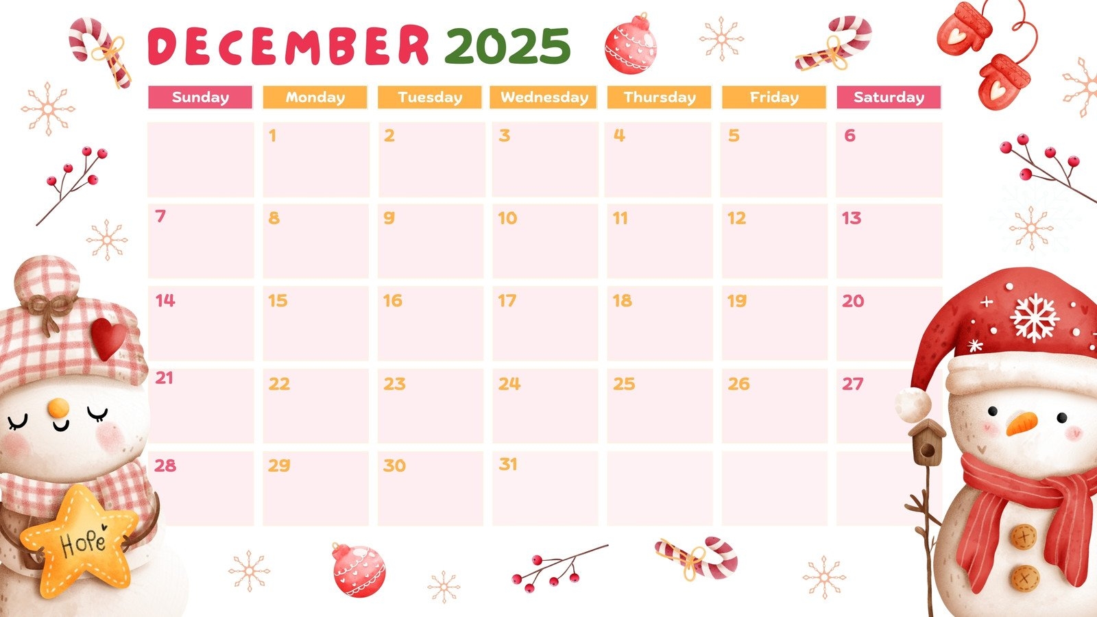 Dec Calendar 2025 Printable
