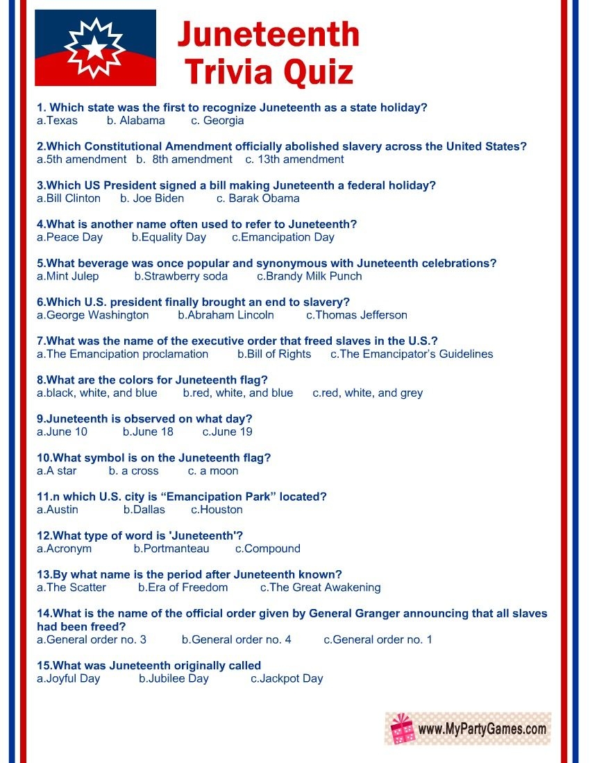 Free Printable Juneteenth Trivia Quiz With Answers