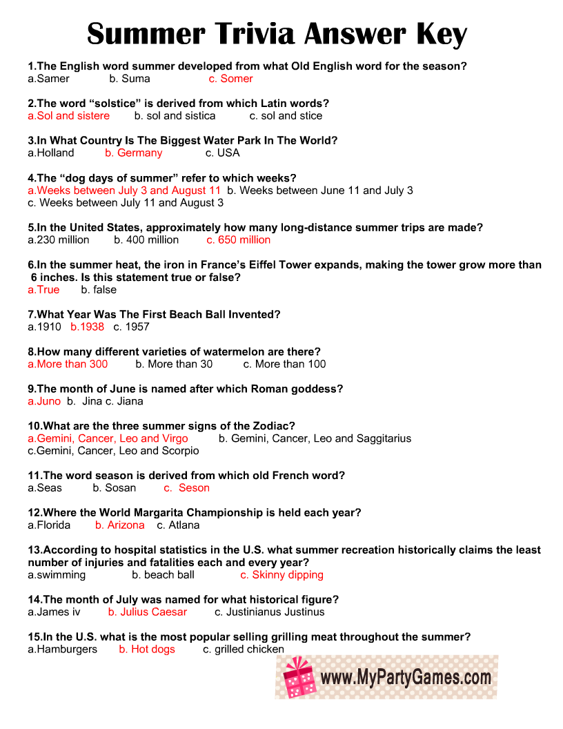Free Printable Summer Trivia Quiz