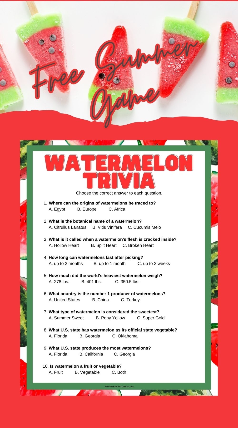 Free Watermelon Trivia Printable Summer Game