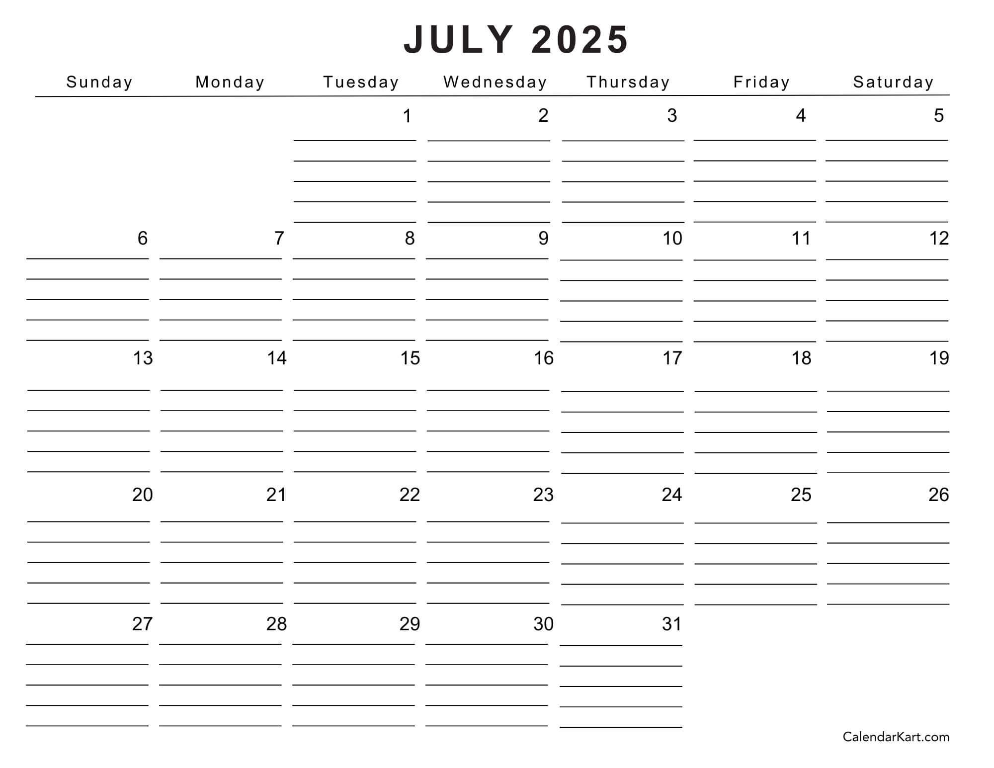 July 2025 Free Calendar
