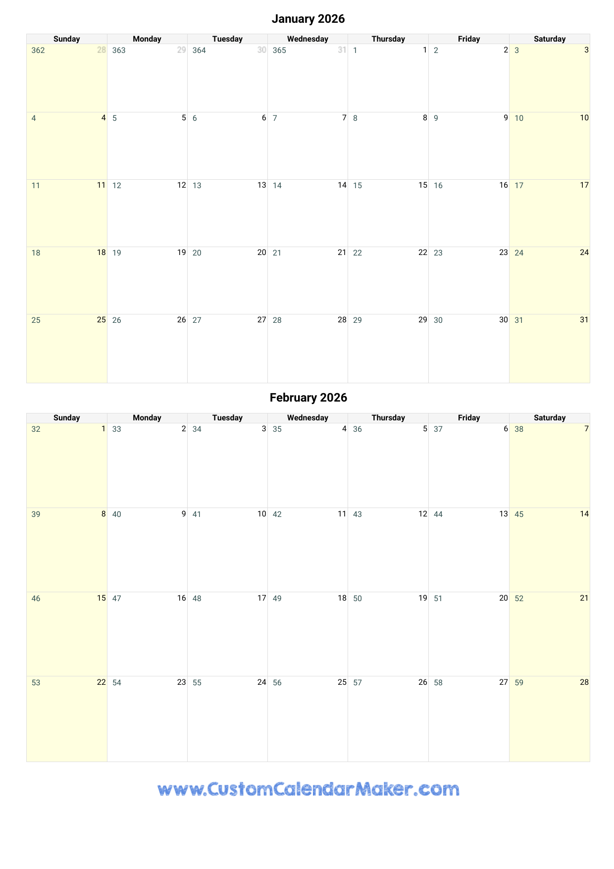 Calendar January February 2026